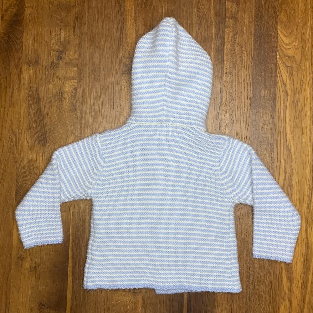 NEXT Knitted Baby Cardigan 12-18 Mos Hooded Blue Stripes Double Breasted Sweater - Picture 2 of 8
